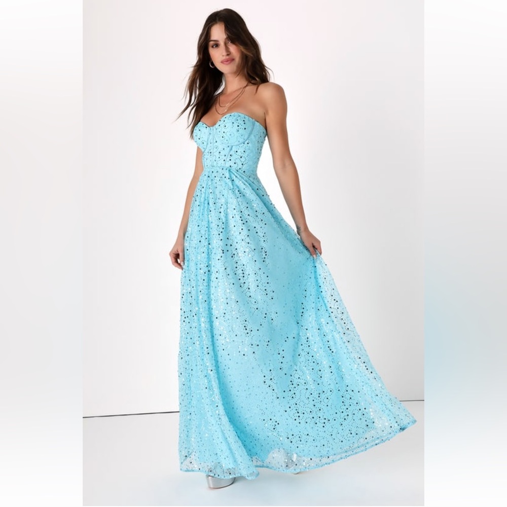 Lulus NWT Radiant reflection light blue sequin tulle maxi dress